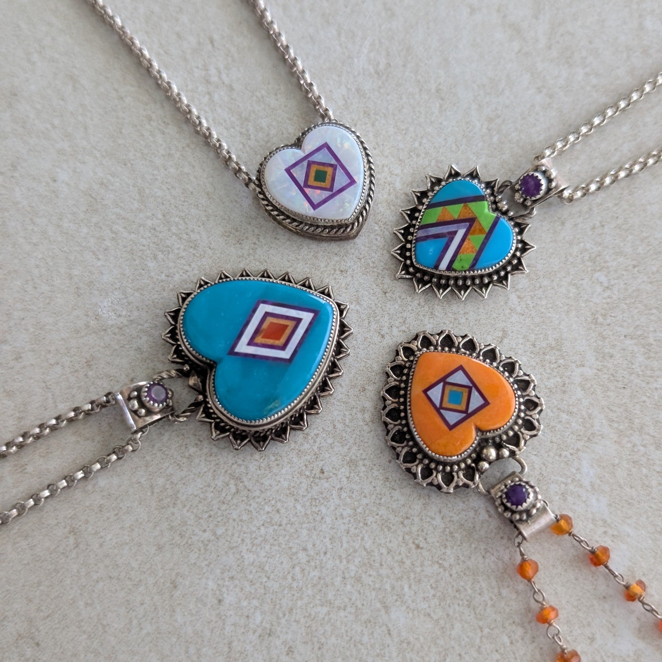 Sterling Silver Large Green Turquoise Heart Inlay and Amethyst Pendant With Hanging Bail